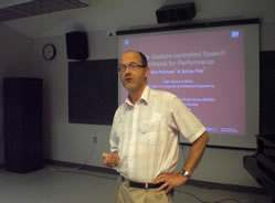 Bob Pritchard presenting the paper he co-athored with Sidney Fels, “Mobile Gesture-Controlled Speech Synthesis for Performance”